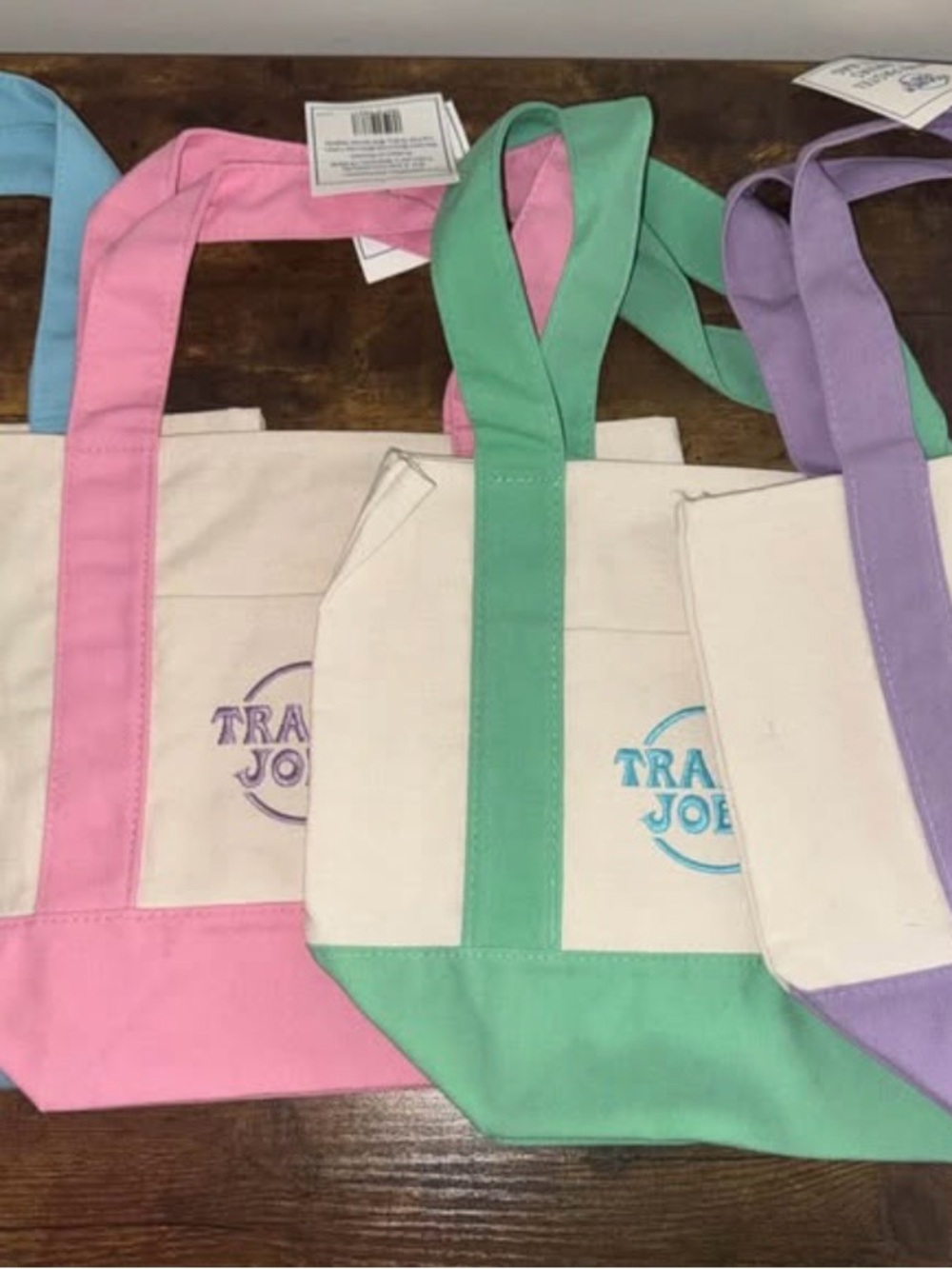 NWT TRADER JOES MINI CANVAS TOTE BAGS 4 COLOR SET